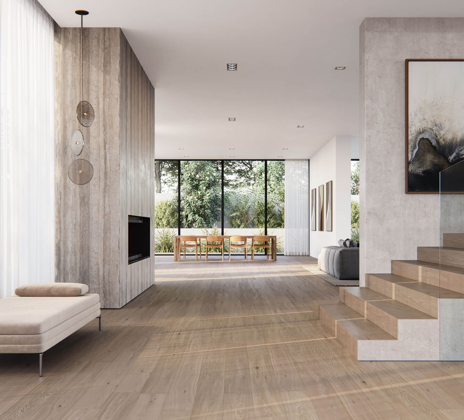 Modern hallway with wide oak timber flooring, concrete feature walls, floating staircase and floor-to-ceiling windows creating a light-filled contemporary interior.
