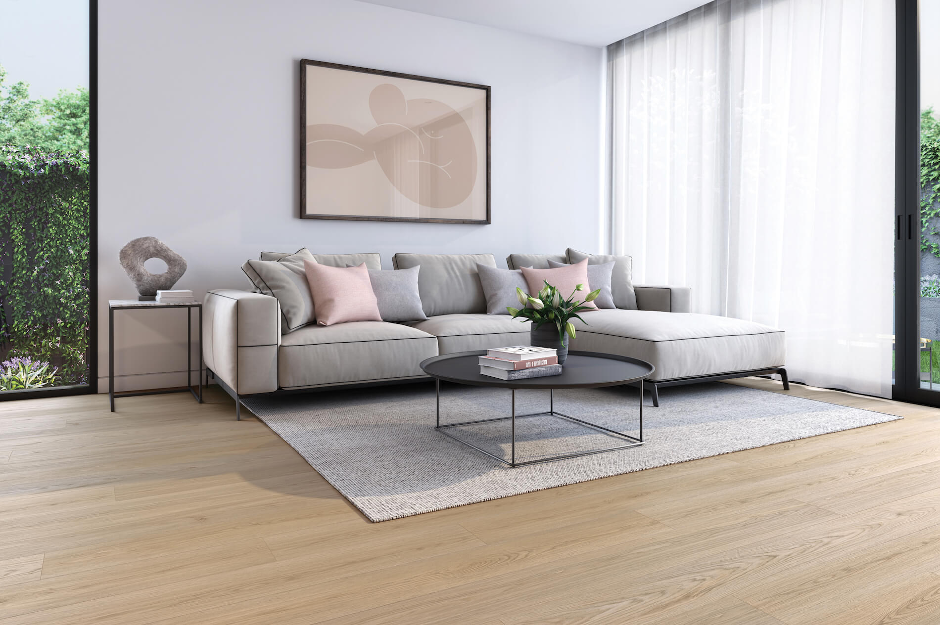 Modern living room with light oak flooring, contemporary sectional sofa, large windows and neutral décor creating a bright and spacious interior.