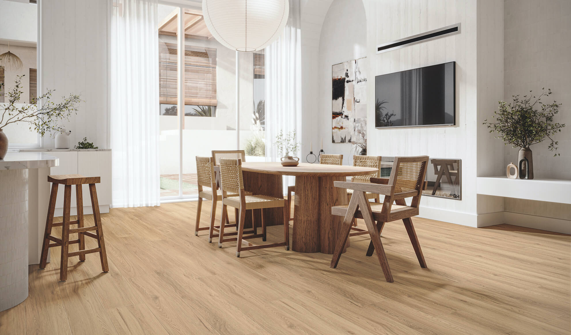 Modern dining room with timber-look vinyl flooring, natural wood furniture, floor-to-ceiling sheer curtains and bright open-plan contemporary design.